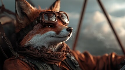 An anthropomorphic fox character embodies a pilot wearing goggles and aviator gear, confidently piloting an aircraft in a dynamic and adventurous setting.