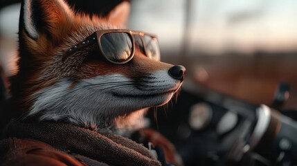 An anthropomorphic fox pilot confidently commands the cockpit, donning aviator sunglasses and timeless pilot attire, set against a mesmerizing sunset backdrop.