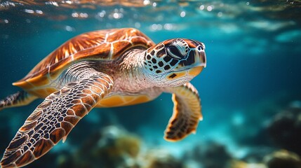 underwater view of sea turtles gliding gracefully through the ocean, capturing the peaceful serenity and natural beauty of these aquatic creatures