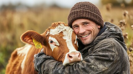 farm worker embracing a cow to ensure livestock health and wellbeing, demonstrating the importance of animal care and compassion in the livestock industry