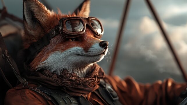 An anthropomorphic fox character embodies a pilot wearing goggles and aviator gear, confidently piloting an aircraft in a dynamic and adventurous setting.