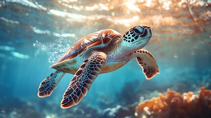 Fototapeta premium underwater view of sea turtles gliding gracefully through the ocean, capturing the peaceful serenity and natural beauty of these aquatic creatures
