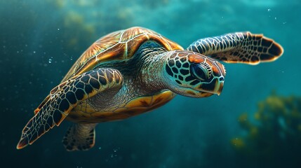 Fototapeta premium underwater view of sea turtles gliding gracefully through the ocean, capturing the peaceful serenity and natural beauty of these aquatic creatures