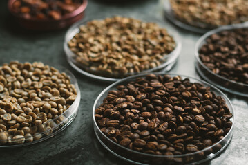 Coffee beans of various varieties are arranged in bowls on the table.