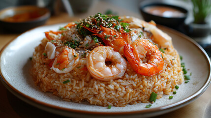 Seafood fried rice is mid-toss, with shrimp, scallops, and squid suspended in the air. Steam billows against the black backdrop, and the rice glistens under warm light, adding heat and flavor.