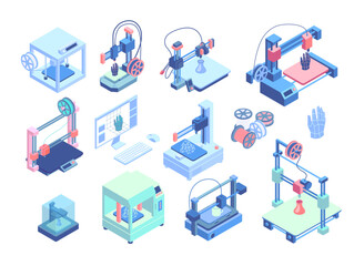 Color 3d Printing Element Set Isometric View Scanning and Modeling Process. Vector illustration of Printer Equipment