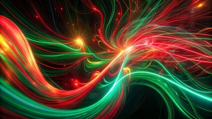 Abstract Christmas light trails with swirling red, green, and gold streaks on a dark background