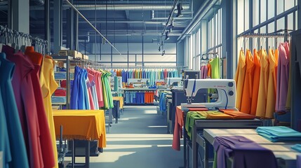 sewing machines colorful clothing and fabric rolls in a textile factory showcasing apparel industry manufacturing and garment production process
