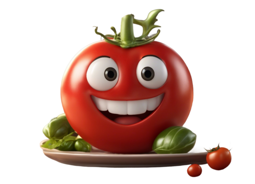 Cheerful Tomato Cartoon Character with Leaf on Transparent Background