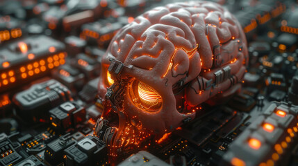 Robot brain with skull on top. The skull is made of metal with wires coming out of it. Technology and modernity concept.
