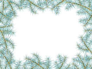 Fir green natural forest pine tree needles branches greenery hand drawn watercolor illustration frame. Decorative winter seasonal isolated on white background. Decoration, poster, print card decor