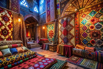 Fototapeta premium Intricate geometric patterns of a traditional madrass textile showcasing vibrant colors and textures
