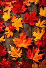 Fototapeta premium vibrant autumn foliage displayed rustic wooden surface rich colors detailed textures, fall, leaves, garden, nature, seasonal, orange, yellow, red, brown