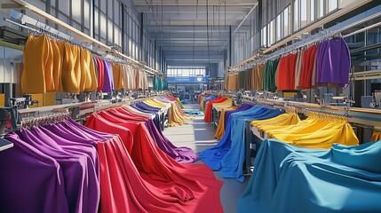 sewing machines colorful clothing and fabric rolls in a textile factory showcasing apparel industry manufacturing and garment production process