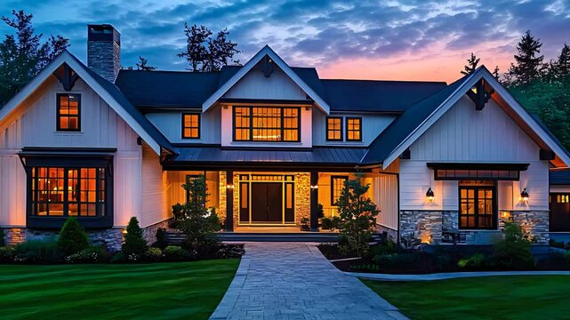  Luxury modern farmhouse at sunset, featuring elegant architecture, large windows, and lush landscaped garden, tranquil living