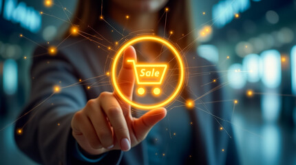 A business professional touches a bright sale icon while standing in a contemporary office setting, demonstrating a virtual shopping experience and digital marketing trends