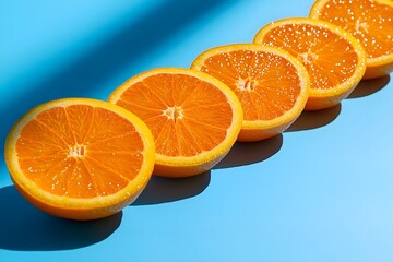 Fototapeta premium Creative Concept Orange Rings In The Air On Sunny Day, Pieces Of Fruit And Tier Shadows Arranged In A Line On Blue Background, Food Photography, Food Menu Style Photo Image