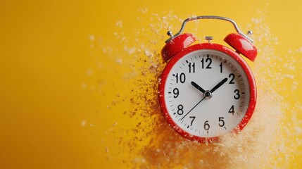This image features a striking red alarm clock in front of a bright yellow background, captured in mid-shatter, conveying a sense of time passing and creating visual impact.