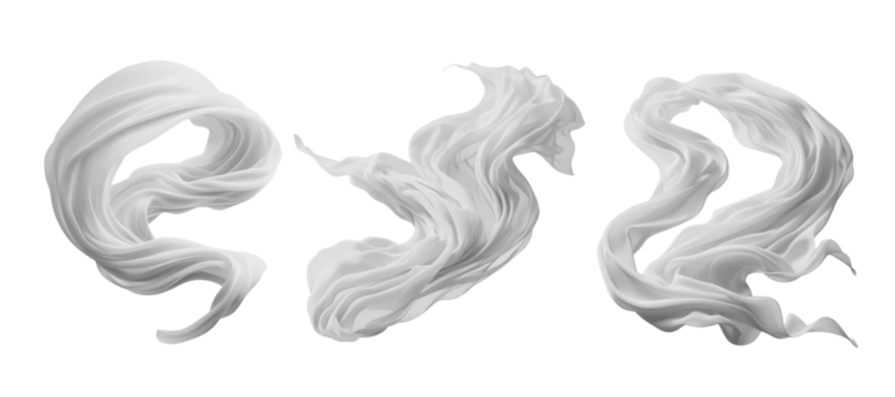 Collection set of white silk satin cloth fabric floating flying in the air on transparent background cutout