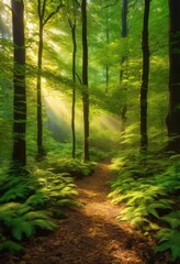 Obraz premium lush vibrant forest canopy bathed golden sunlight beams twinkling through green foliage creating magical atmosphere, adventure, air, biodiversity, bright