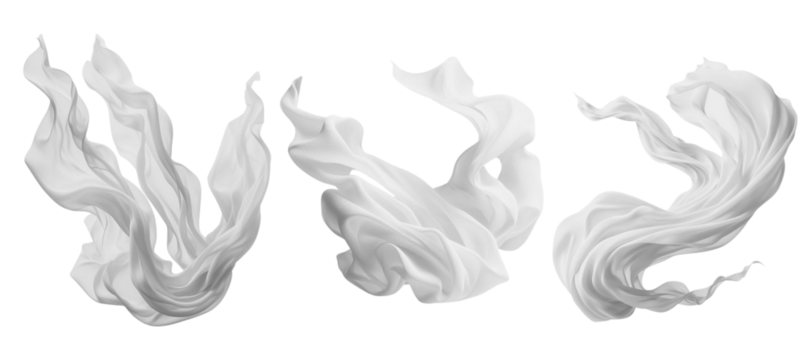 Collection set of white silk satin cloth fabric floating flying in the air on transparent background cutout