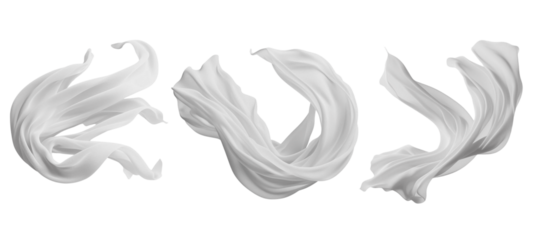 Collection set of white silk satin cloth fabric floating flying in the air on transparent background cutout