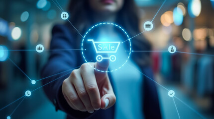 Fototapeta premium In a contemporary retail environment, an individual touches a holographic shopping cart icon, indicating engagement with an online sale, showcasing digital shopping trends