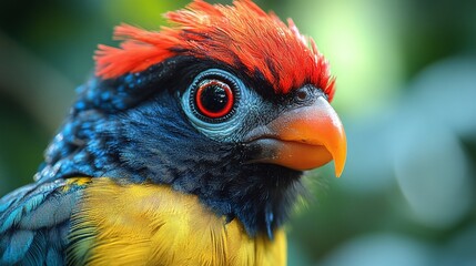 closeup of a barbet bird in the wild, focusing on the colorful feathers and tropical plumage, highlighting this exotic species in its natural forest habitat