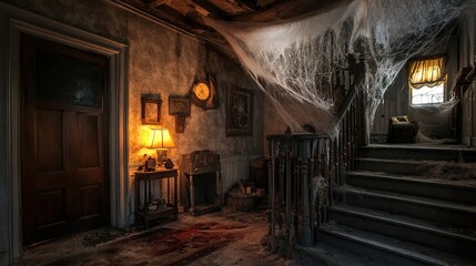 Fototapeta premium An eerie, dimly lit haunted house with cobwebs, creepy decor, and shadowy corners