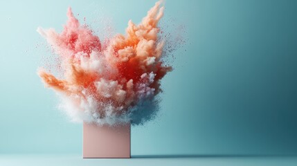 A stunning burst of orange and teal powder erupts from a box, set against a light blue background, creating a vibrant and energetic visual scene filled with color and motion.