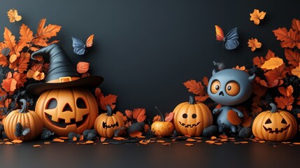 Cute Halloween Witch and Pumpkin Characters with Autumn Leaves