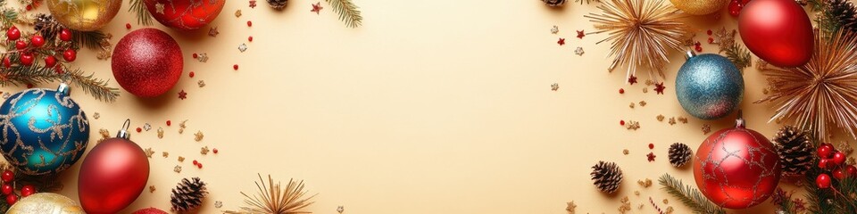 A festive holiday background with colorful ornaments and decorative elements, perfect for Christmas themes and seasonal designs, background with copy space