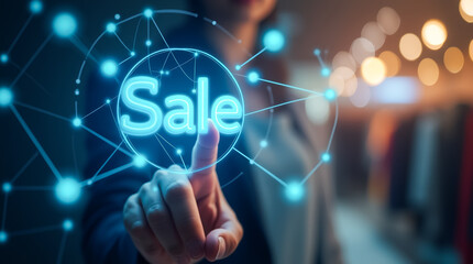 Fototapeta premium An individual touches a glowing digital display with the word Sale highlighted, surrounded by vibrant connections, in a contemporary store setting during the evening