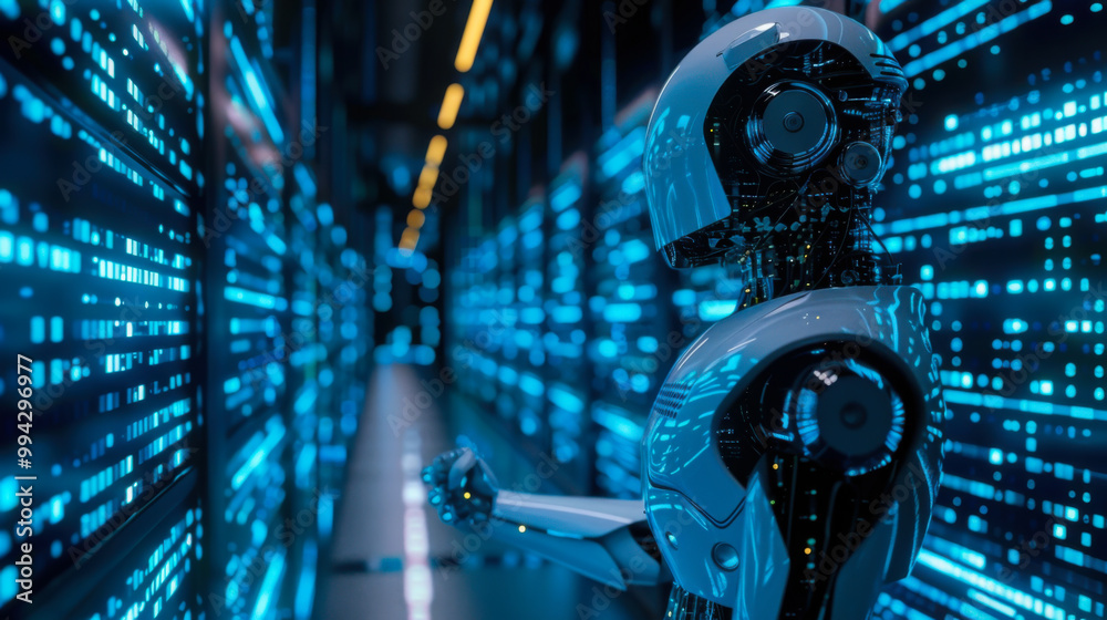 Poster a humanoid robot engages with illuminated data panels in a high-tech server environment filled with 