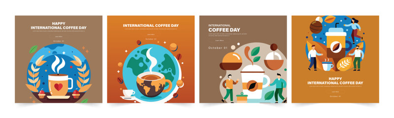 Set of Editable International Coffee Day Instagram Social Media Post Banner Design. International Coffee Day Vector Illustration Art Design. Celebrate world Coffee day banners, Post, Ads, Promotion.