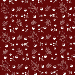 Vector Christmas background with repeating hand drawn pattern. Plant, leaf, round Christmas ornament, flask. White pattern on a dark red background.
