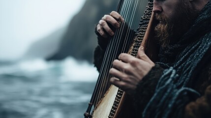A man with a beard intently playing a harp-like stringed instrument while standing by a misty and dramatic coastal landscape, evoking a sense of tranquility and reflection.