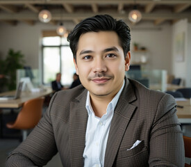 middle-aged social media coordinator sits, luxurious suit, office productivity at work, exposed beams, cleanliness, blurred background afternoon, higher education person portrait