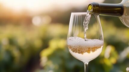 White wine is poured into a clear glass outdoors in a vineyard at sunset. The image conveys the elegance and pleasure of wine culture, with a serene ambiance.