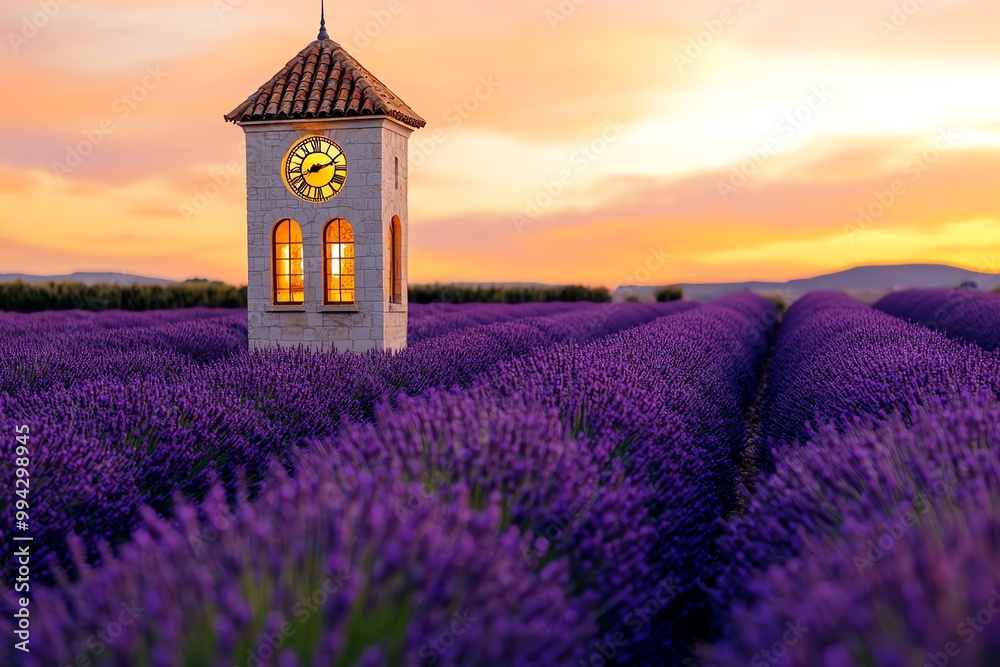 Aufkleber a clock tower rising from a field of lavender, with golden light streaming through the windows. the 