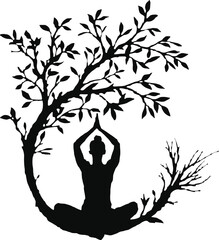 Obraz premium Woman meditation with round tree vector for T-Shirt Design , Poster, Mug, calendar, book cover. Yoga with tree silhouette. meditation with nature.