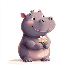 Fototapeta premium Cute Cartoon Hippopotamus Holding Flower