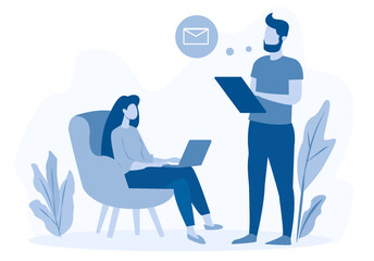 Two colleagues working on laptops and tablets. Minimalist style on a white background. Concept of business communication and teamwork. Vector illustration