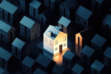 Fototapeta premium an illuminated white house standing out among other dark houses, representing the concept of home and unique product in the real estate market Generative AI