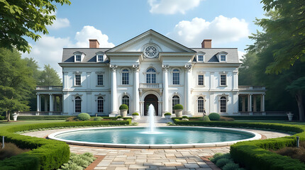 Obraz premium Fountain in a historic European garden surrounded by trees and grass, with a castle or mansion in the background under a clear summer sky