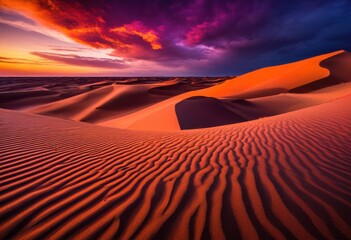 Naklejka premium majestic vast sand dunes bathed glow dramatic sunset sky striking colors patterns, desert, landscape, nature, view, scenery, horizon, bright, light