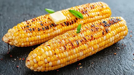 Grilled corn on the cob topped with butter and herbs, shot on a dark background.
