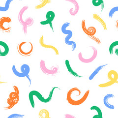 Multicolored hand drawn scribbles seamless pattern. Dry brush strokes background.