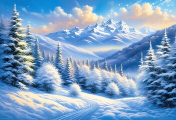 enchanting frosty winter wonderland landscape sparkling icy clear blue skies digital creation design, snow, ice, trees, nature, outdoor, scenic, chill