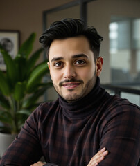 experienced marketing director designs, plaid turtleneck, corporate roles at work, blurry background dawn, big green plant, manager portrait